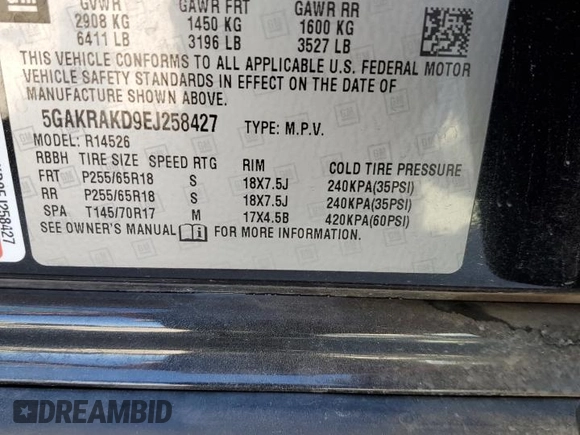 2014 Buick Enclave Convenience with VIN 5GAKRAKD9EJ258427, listed as a Copart auction lot 38994524 with 136,766 mi miles and Salvage Title. Bid and sale history available at carsss.com. Image 13.