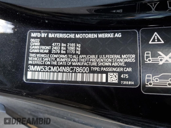 2022 BMW 2 Series M240i xDrive with VIN 3MW53CM04N8C78600, listed as a Copart auction lot 88355955 with Not provided miles and Salvage title. Bid and sale history available at DreamBid. Image 12.