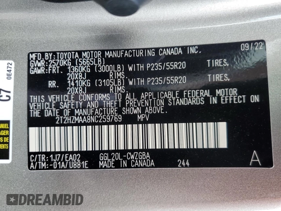 2022 Lexus RX with VIN 2T2HZMAA8NC259769, listed as a Copart auction lot 72956162 with 9,168 mi miles. Bid and sale history available at carsss.com. Image 13.