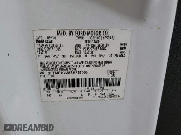 2014 Ford F-150 XL with VIN 1FTMF1CM8EKF55066, listed as a Copart auction lot 55259635 with 117,225 mi miles and Clean title. Bid and sale history available at DreamBid. Image 12.