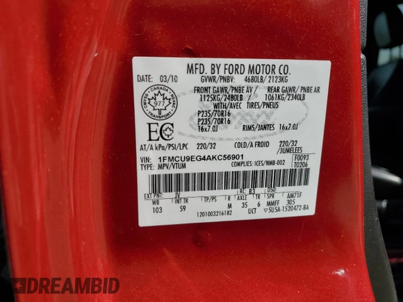 2010 Ford Escape Limited с VIN 1FMCU9EG4AKC56901, выставлен на аукционе Copart как лот 57163525 с пробегом 165 993 миль миль и Списание • Salvage title. История ставок и продаж доступна на DreamBid. Изображение 14.