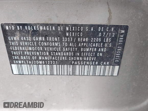 2013 Volkswagen Jetta TDI w/Sunroof & Nav with VIN 3VWPL7AJ2DM612321, listed as a IAAI auction lot 41940023 with 145,828 mi miles and . Bid and sale history available at DreamBid. Image 9.