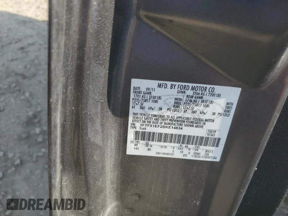 2011 Ford F-150 XL with VIN 1FTFX1EF2BKE14834, listed as a Copart auction lot 48475295 with 151,024 mi miles and Salvage Title. Bid and sale history available at carsss.com. Image 12.