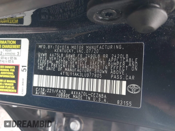 2020 Toyota Camry LE with VIN 4T1L11AK3LU977805, listed as a IAAI auction lot 41907558 with 82,237 mi miles and . Bid and sale history available at DreamBid. Image 9.