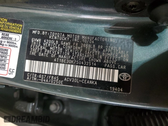 2005 Toyota Camry LE z VIN 4T1BE30K75U432514, wystawiony jako Copart lot #58487885 z przebiegiem 223 106 mil mil oraz Szkoda całkowita • Salvage title. Historia ofert i sprzedaży dostępna na DreamBid. Obrazek 12.