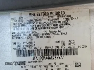 2010 Ford Fusion SE with VIN 3FAHP0HA4AR285577, listed as a Copart auction lot 52862235 with 201,879 mi miles and Salvage Title. Bid and sale history available at carsss.com. Image 12.