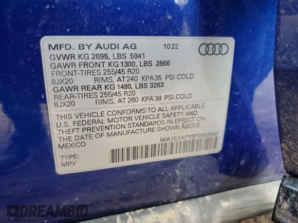 2023 Audi Q5 S line Premium Plus with VIN WA1E2AFY3P2053545, listed as a Copart auction lot 43109325 with 32,686 mi miles and Salvage title. Bid and sale history available at DreamBid. Image 13.