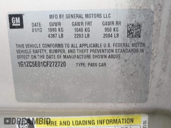 2012 Chevrolet Malibu 1LT with VIN 1G1ZC5E01CF272720, listed as a IAAI auction lot 42105416 with 185,220 mi miles and . Bid and sale history available at DreamBid. Image 9.