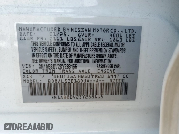 2025 Nissan Sentra SR with VIN 3N1AB8DV2SY288165, listed as a Copart auction lot 55434265 with 3,352 mi miles and Clean Title. Bid and sale history available at DreamBid. Image 12.