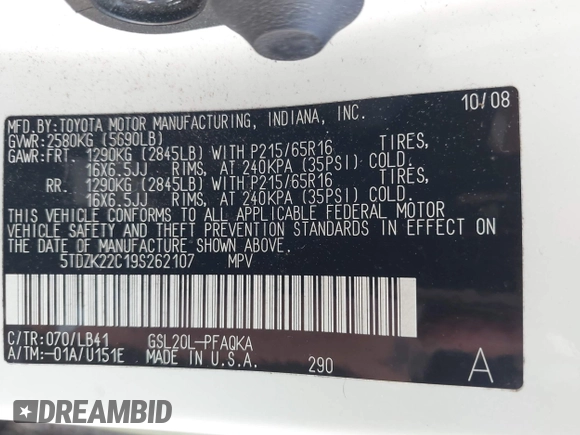 2009 Toyota Sienna XLE with VIN 5TDZK22C19S262107, listed as a IAAI auction lot 42158864 with 186,711 mi miles. Bid and sale history available at carsss.com. Image 9.