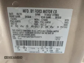2005 Ford F-150 XLT с VIN 1FTPW12575KF03371, выставлен на аукционе IAAI как лот 41577250 с пробегом 218 892 миль миль и . История ставок и продаж доступна на DreamBid. Изображение 9.