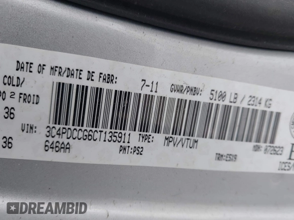 2012 Dodge Journey SXT with VIN 3C4PDCCG6CT135911, listed as a IAAI auction lot 41448632 with 179,440 mi miles and . Bid and sale history available at DreamBid. Image 9.