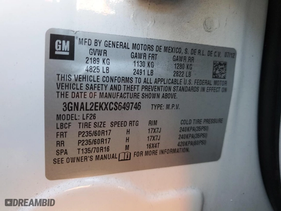 2012 Chevrolet Captiva Sport Fleet LS w/2LS with VIN 3GNAL2EKXCS649746, listed as a Copart auction lot 46712205 with 128,651 mi miles and Salvage Title. Bid and sale history available at carsss.com. Image 14.