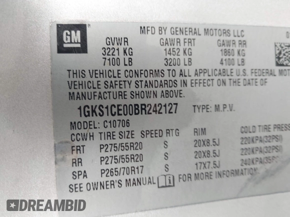 2011 GMC Yukon SLT z VIN 1GKS1CE00BR242127, wystawiony jako IAAI lot #42271949 z przebiegiem Nie podano mil oraz . Historia ofert i sprzedaży dostępna na DreamBid. Obrazek 9.