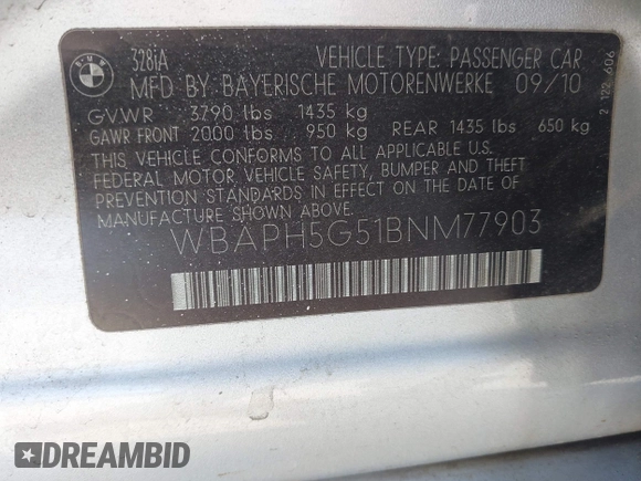 2011 BMW 3 Series 328i with VIN WBAPH5G51BNM77903, listed as a IAAI auction lot 42001088 with 126,012 mi miles and . Bid and sale history available at DreamBid. Image 9.
