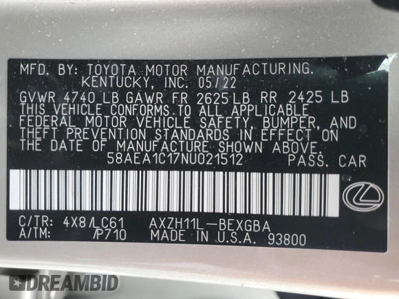 2022 Lexus ES 300h Luxury with VIN 58AEA1C17NU021512, listed as a Copart auction lot 51000875 with 7,520 mi miles and Salvage title. Bid and sale history available at DreamBid. Image 12.