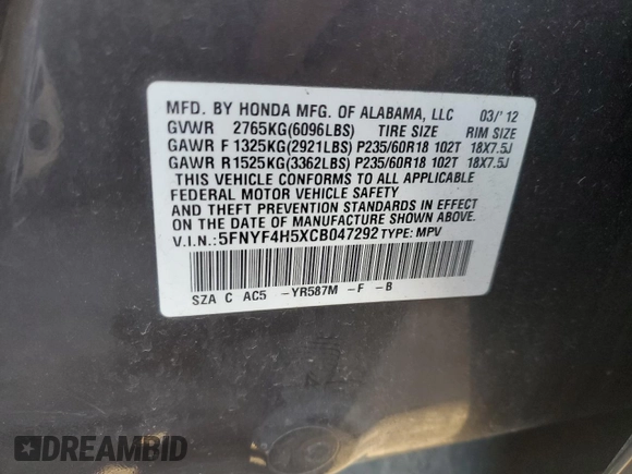 2012 Honda Pilot EX-L with VIN 5FNYF4H5XCB047292, listed as a Copart auction lot 53453475 with 141,092 mi miles and Salvage Title. Bid and sale history available at DreamBid. Image 13.