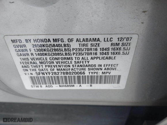 2008 Honda Pilot VP with VIN 5FNYF28278B020066, listed as a IAAI auction lot 40987012 with 210,188 mi miles. Bid and sale history available at carsss.com. Image 9.