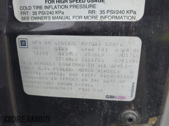 1992 Cadillac Eldorado z VIN 1G6EL13B0NU605624, wystawiony jako IAAI lot #42127549 z przebiegiem Nie podano mil oraz . Historia ofert i sprzedaży dostępna na DreamBid. Obrazek 9.