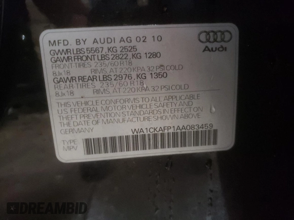 2010 Audi Q5 Premium with VIN WA1CKAFP1AA083459, listed as a Copart auction lot 81921344 with 130,582 mi miles and Salvage Title. Bid and sale history available at carsss.com. Image 13.