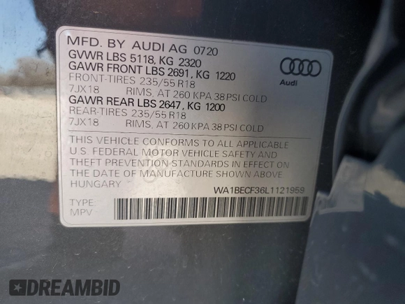 2020 Audi Q3 Premium Plus with VIN WA1BECF36L1121959, listed as a Copart auction lot 47744075 with 56,162 mi miles and Salvage Title. Bid and sale history available at carsss.com. Image 13.