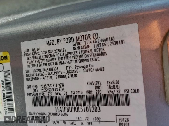 2020 Ford Mustang EcoBoost z VIN 1FATP8UH0L5101303, wystawiony jako Copart lot #53581315 z przebiegiem 59 273 mil mil oraz Szkody całkowita. Historia ofert i sprzedaży dostępna na DreamBid. Obrazek 14.