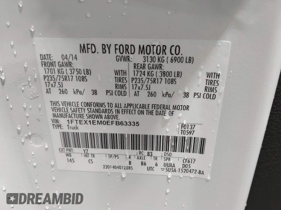 2014 Ford F-150 XL with VIN 1FTEX1EM0EFB63335, listed as a IAAI auction lot 41214051 with 39,610 mi miles and . Bid and sale history available at carsss.com. Image 9.