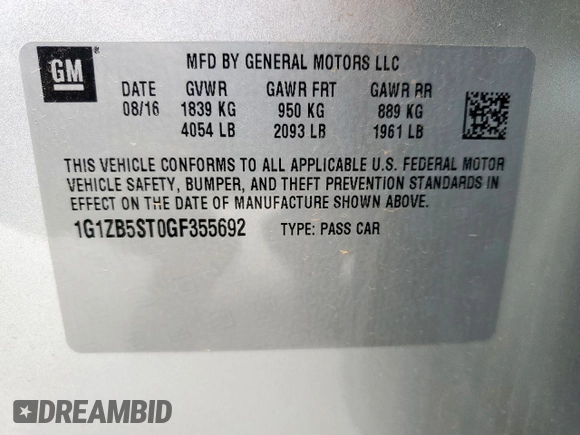 2016 Chevrolet Malibu LS with VIN 1G1ZB5ST0GF355692, listed as a Copart auction lot 54673455 with 60,066 mi miles and Clean title. Bid and sale history available at DreamBid. Image 12.
