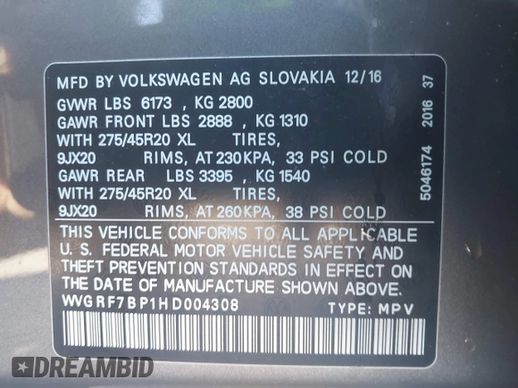 2017 Volkswagen Touareg Wolfsburg Edition с VIN WVGRF7BP1HD004308, выставлен на аукционе IAAI как лот 41860019 с пробегом 74 044 миль миль и . История ставок и продаж доступна на DreamBid. Изображение 9.