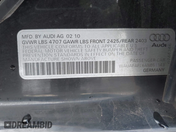 2010 Audi A4 Premium с VIN WAUAFAFL6AN051143, выставлен на аукционе IAAI как лот 41199628 с пробегом 197 141 миль миль и . История ставок и продаж доступна на DreamBid. Изображение 9.