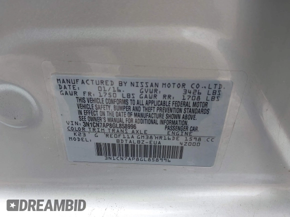 2016 Nissan Versa SV with VIN 3N1CN7AP8GL858996, listed as a IAAI auction lot 42435343 with 124,549 mi miles and . Bid and sale history available at DreamBid. Image 9.