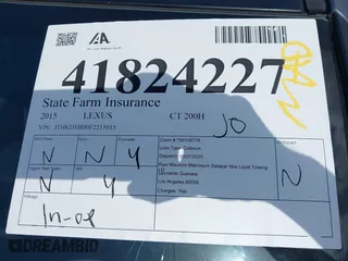 2015 Lexus CT 200h Hybrid with VIN JTHKD5BH0F2215015, listed as a IAAI auction lot 41824227 with 1 mi miles. Bid and sale history available at carsss.com. Image 17.