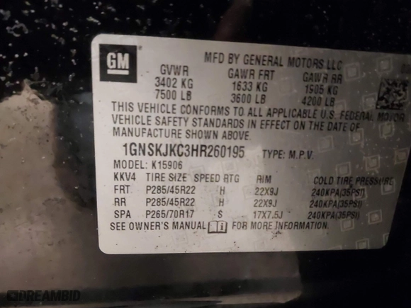 2017 Chevrolet Suburban Premier with VIN 1GNSKJKC3HR260195, listed as a IAAI auction lot 41609363 with 166,447 mi miles. Bid and sale history available at carsss.com. Image 9.