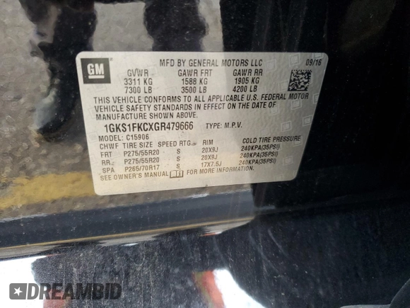 2016 GMC Yukon XL SLE with VIN 1GKS1FKCXGR479666, listed as a Copart auction lot 46640135 with 106,345 mi miles and Salvage Title. Bid and sale history available at carsss.com. Image 16.