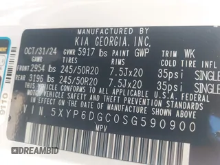 2025 Kia Telluride S with VIN 5XYP6DGC0SG590900, listed as a IAAI auction lot 42706596 with 6,712 mi miles and . Bid and sale history available at DreamBid. Image 9.