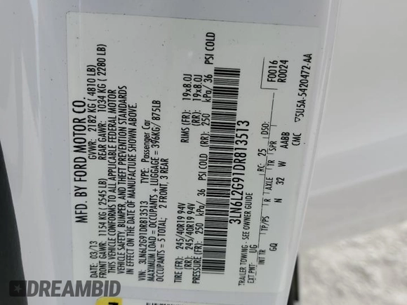2013 Lincoln MKZ with VIN 3LN6L2G91DR813513, listed as a Copart auction lot 81330064 with Not Provided miles and Salvage Title. Bid and sale history available at DreamBid. Image 15.