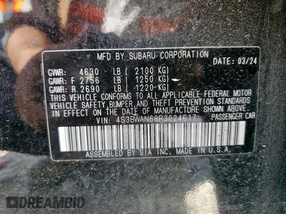 2024 Subaru Legacy Limited with VIN 4S3BWAN68R3024617, listed as a Copart auction lot 60344715 with 7,858 mi miles and Salvage title. Bid and sale history available at DreamBid. Image 12.