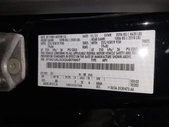 2016 Ford Escape Titanium with VIN 1FMCU0JX3GUB70607, listed as a IAAI auction lot 41727421 with 106,857 mi miles. Bid and sale history available at carsss.com. Image 9.