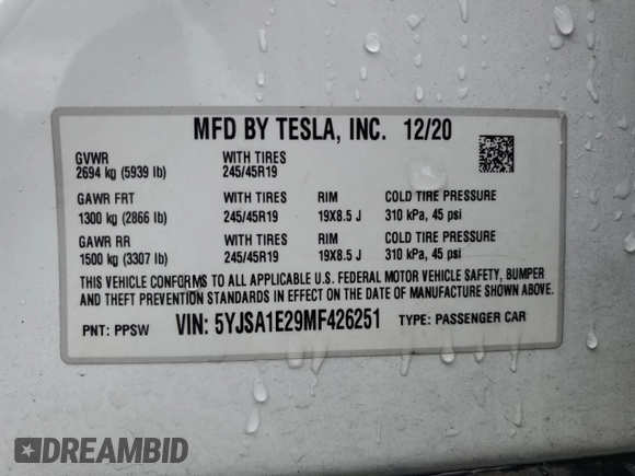 2021 Tesla Model S Long Range Plus с VIN 5YJSA1E29MF426251, выставлен на аукционе Copart как лот 57943695 с пробегом 61 664 миль миль и Списание • Salvage title. История ставок и продаж доступна на DreamBid. Изображение 13.