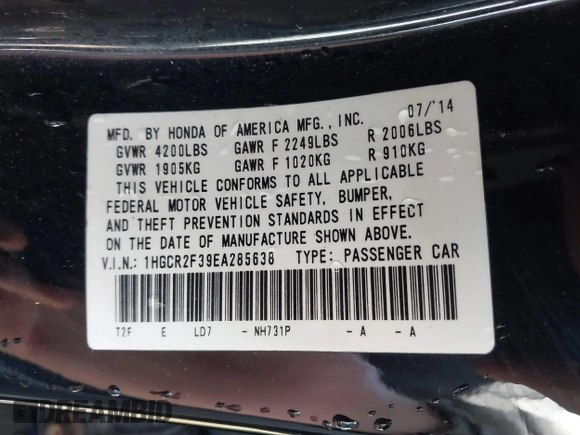 2014 Honda Accord LX z VIN 1HGCR2F39EA285638, wystawiony jako IAAI lot #41743082 z przebiegiem 140 773 mil mil oraz . Historia ofert i sprzedaży dostępna na DreamBid. Obrazek 9.
