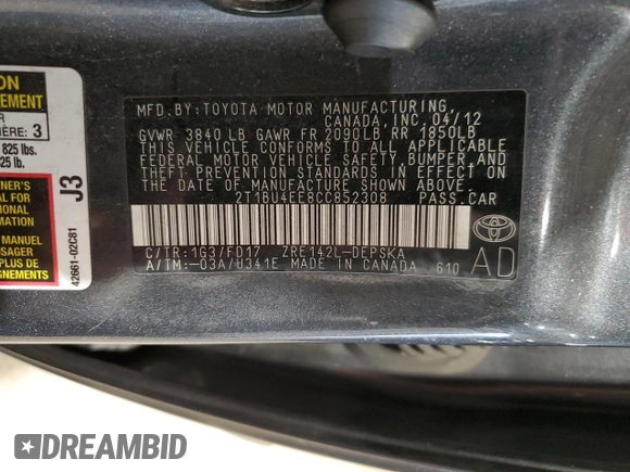 2012 Toyota Corolla L with VIN 2T1BU4EE8CC852308, listed as a Copart auction lot 52346695 with 116,654 mi miles and Salvage Title. Bid and sale history available at carsss.com. Image 12.