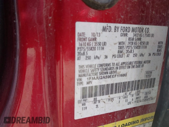 2014 Ford Expedition Limited with VIN 1FMJU2A59EEF11680, listed as a IAAI auction lot 42085676 with 112,027 mi miles and . Bid and sale history available at DreamBid. Image 9.