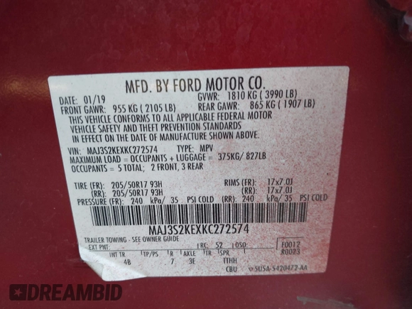 2019 Ford EcoSport Titanium with VIN MAJ3S2KEXKC272574, listed as a IAAI auction lot 41743534 with 83,248 mi miles and . Bid and sale history available at DreamBid. Image 9.