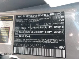 2013 Mercedes-Benz M 350 with VIN 4JGDA2EB7DA158724, listed as a IAAI auction lot 41576717 with 195,824 mi miles and . Bid and sale history available at DreamBid. Image 9.