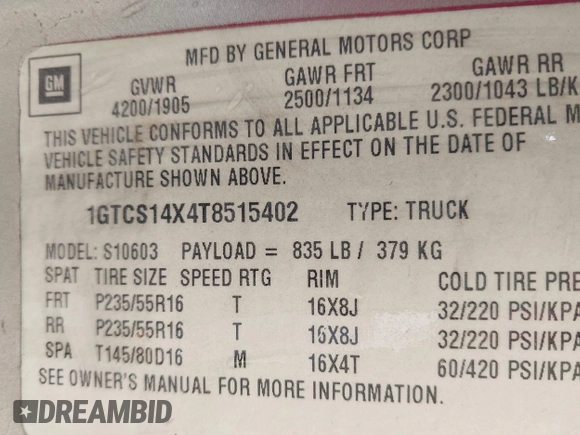 1996 GMC Sonoma SLS with VIN 1GTCS14X4T8515402, listed as a IAAI auction lot 42137071 with 165,316 mi miles. Bid and sale history available at carsss.com. Image 9.