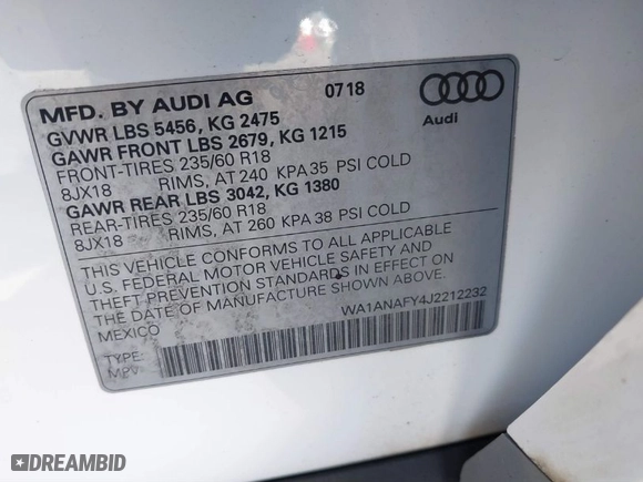 2018 Audi Q5 Premium with VIN WA1ANAFY4J2212232, listed as a IAAI auction lot 41416784 with 96,801 mi miles. Bid and sale history available at carsss.com. Image 9.