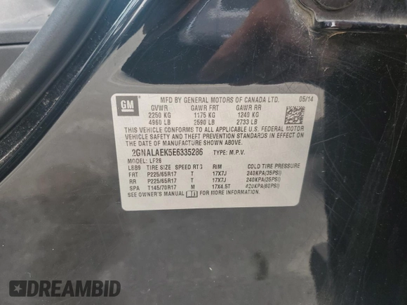 2014 Chevrolet Equinox LS with VIN 2GNALAEK5E6335286, listed as a Copart auction lot 53328375 with 185,181 mi miles and Salvage Title. Bid and sale history available at carsss.com. Image 15.