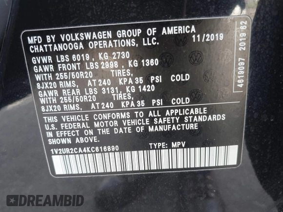 2019 Volkswagen Atlas SE with VIN 1V2UR2CA4KC616890, listed as a IAAI auction lot 42080701 with 48,269 mi miles and . Bid and sale history available at DreamBid. Image 9.