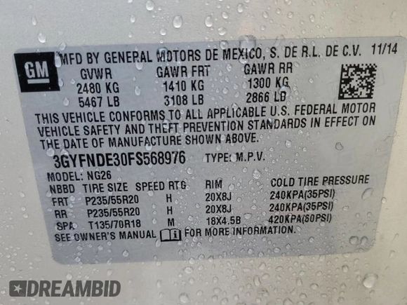 2015 Cadillac SRX Premium Collection with VIN 3GYFNDE30FS568976, listed as a Copart auction lot 57725515 with 67,622 mi miles and Salvage title. Bid and sale history available at DreamBid. Image 13.