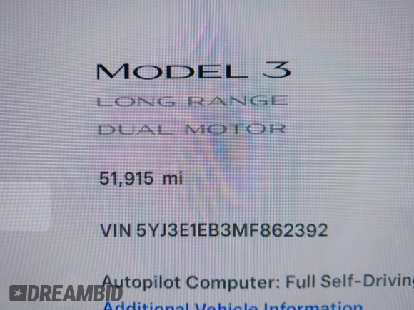 2021 Tesla Model 3 Long Range with VIN 5YJ3E1EB3MF862392, listed as a IAAI auction lot 41765987 with 51,915 mi miles and . Bid and sale history available at DreamBid. Image 14.